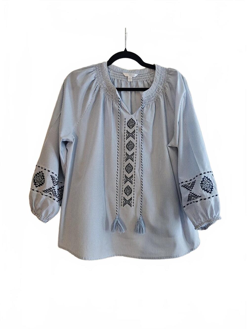 Time and Tru Women's Blue & White Striped Embroidered Peasant Blouse, Size Large